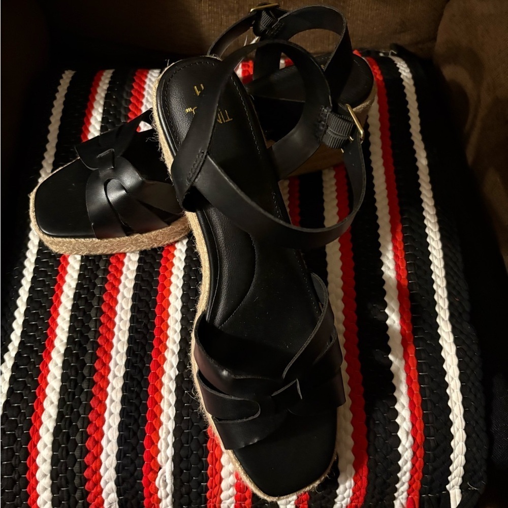 Time &Tru ladies black strapped open toe sandals sz11 wedge 2.5 inch heel